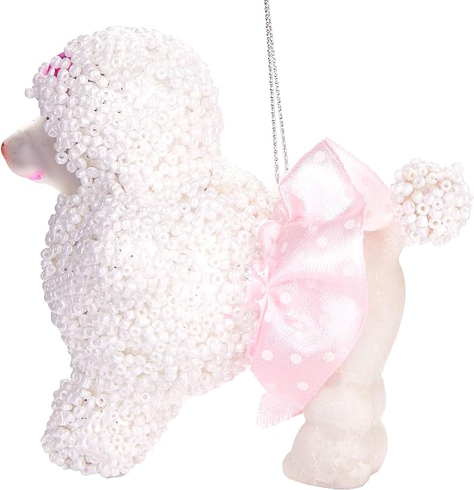 Caniche blanco de 4" con adornos de cristal de falda rosa, juego de 6
