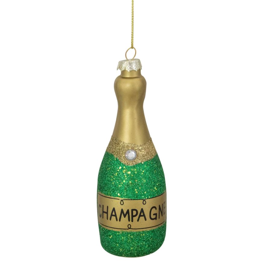 5.5" Gold Champagne Bottle With Green Glittler Ornament Set Of 6
