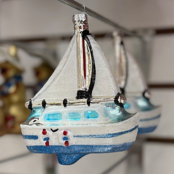 5" White & Blue Sail Boat Glass Ornament Set Of 6