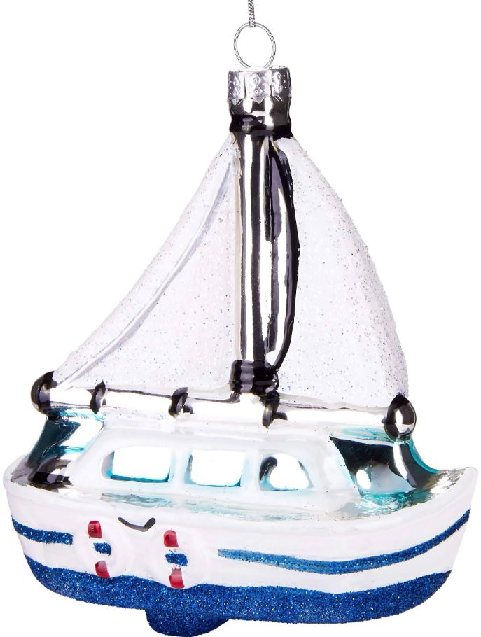 Juego de 6 adornos de cristal para velero blanco y azul de 5"