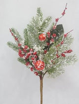 Decorative branch with red berries and green leaves on a light gray background
