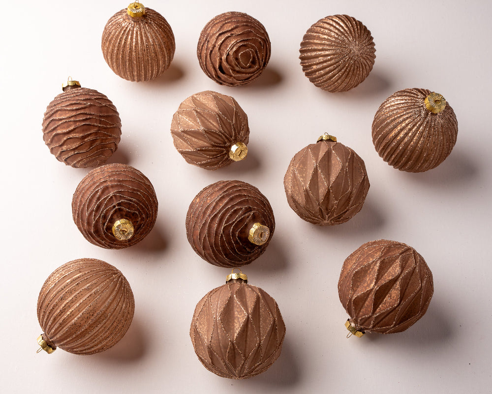 4" Copper Glitter Glass Ball Ornament Assorted Set Of 12