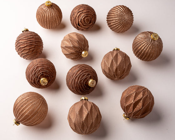 4" Copper Glitter Glass Ball Ornament Assorted Set Of 12
