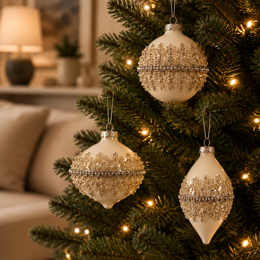 4" Silver & Celline Jeweled Ball Ornament Assorted Set Of 12