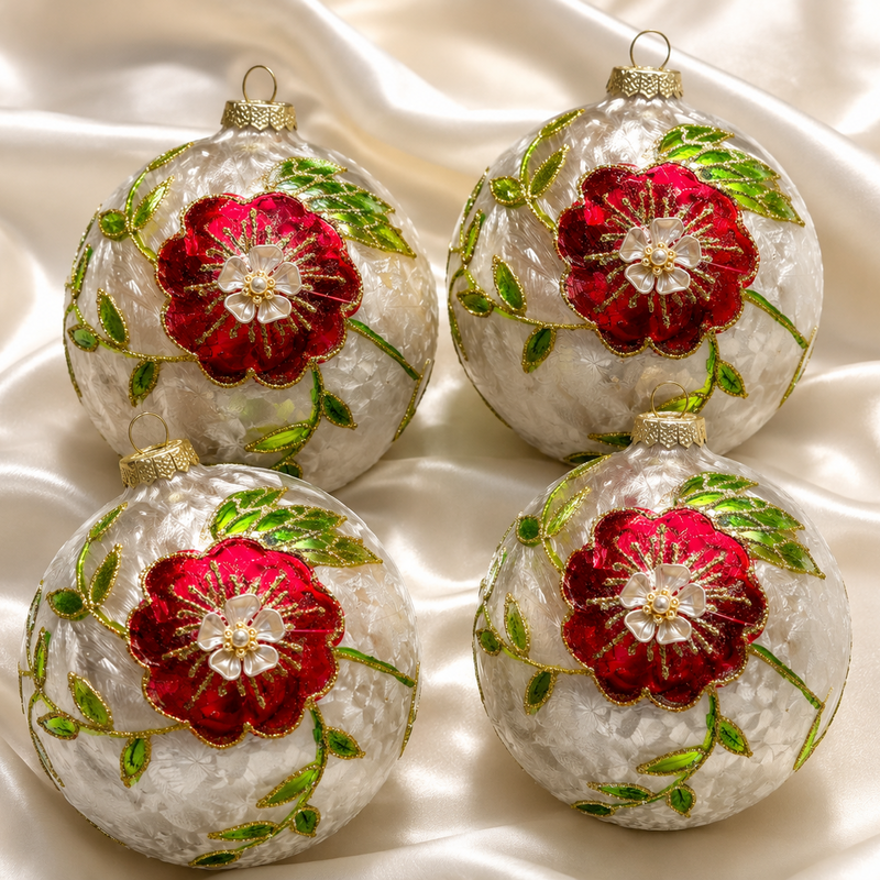 6" Ivory Holly Flower Ball Ornament Set of 4