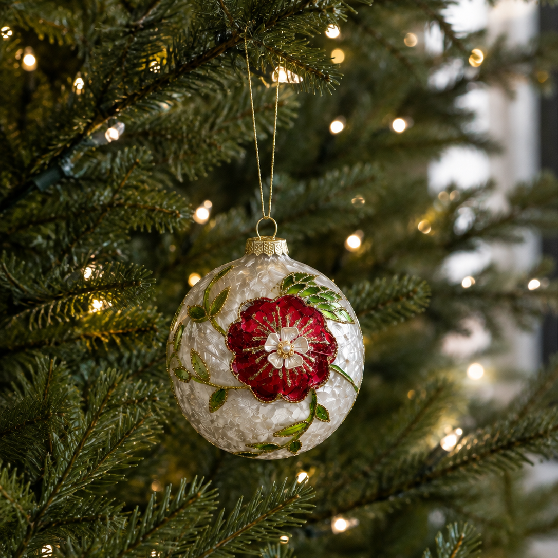 6" Ivory Holly Flower Ball Ornament Set of 4
