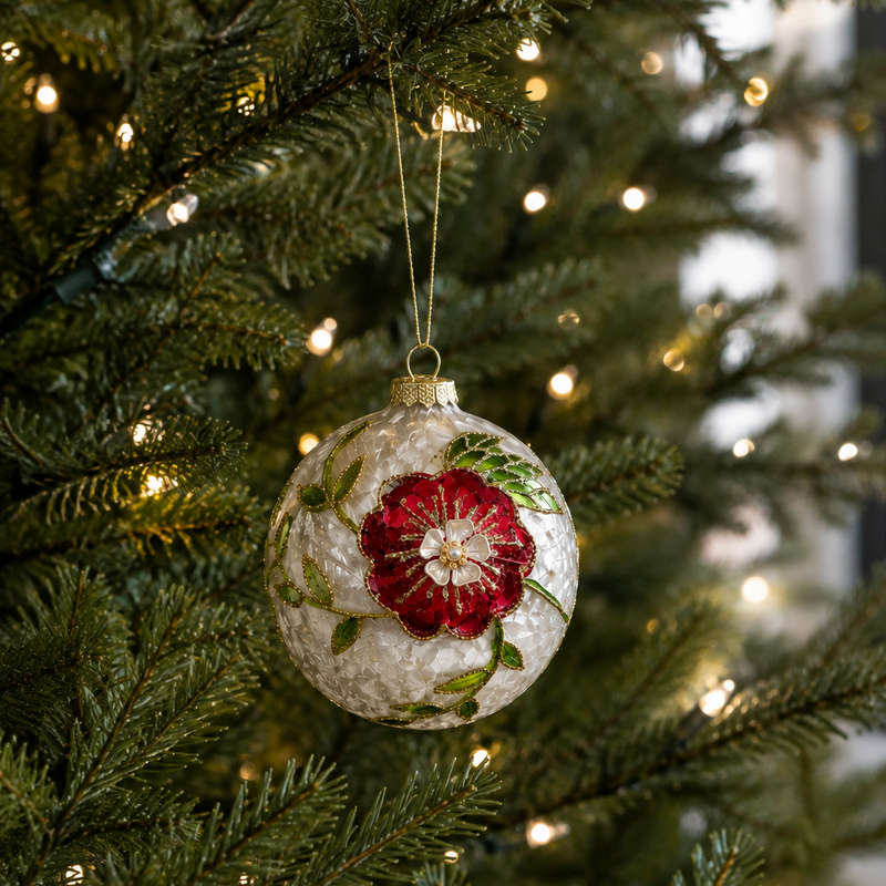 6" Ivory Holly Flower Ball Ornament Set of 4