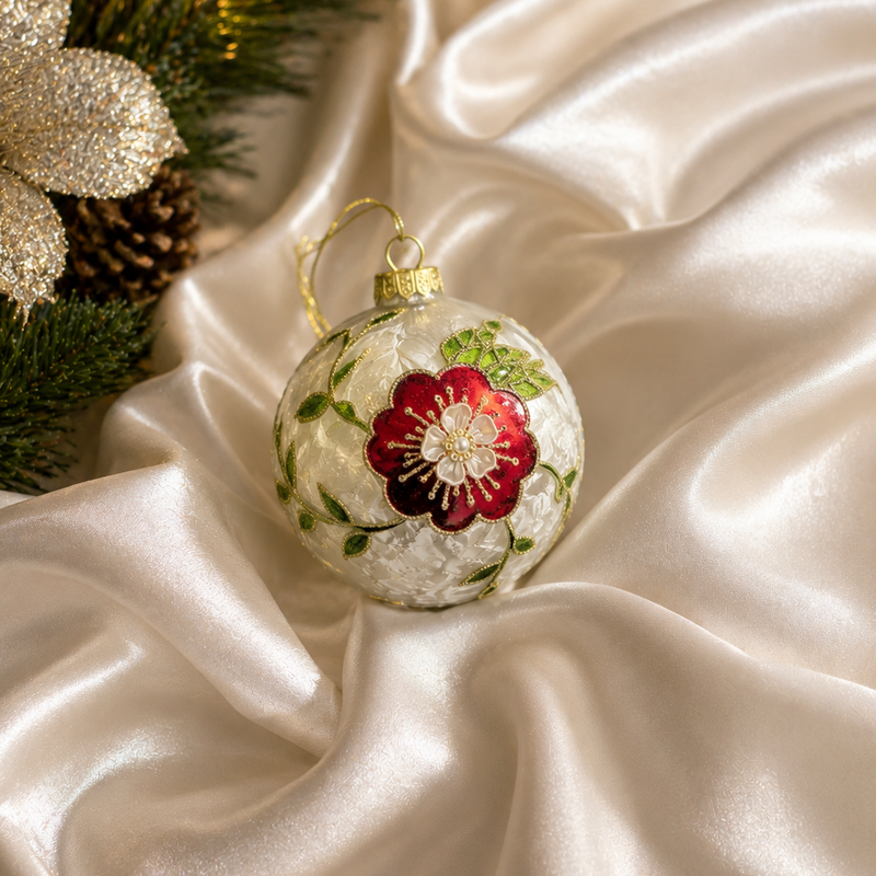 4" Ivory Holly Flower Ball Ornament Set of 12