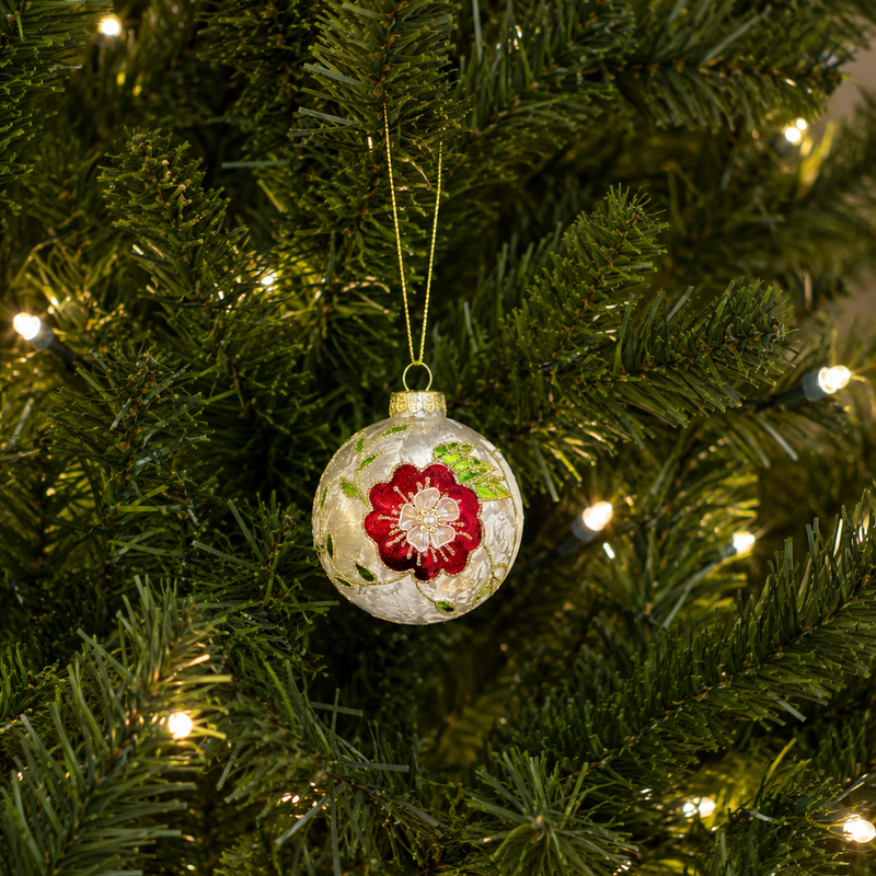 4" Ivory Holly Flower Ball Ornament Set of 12