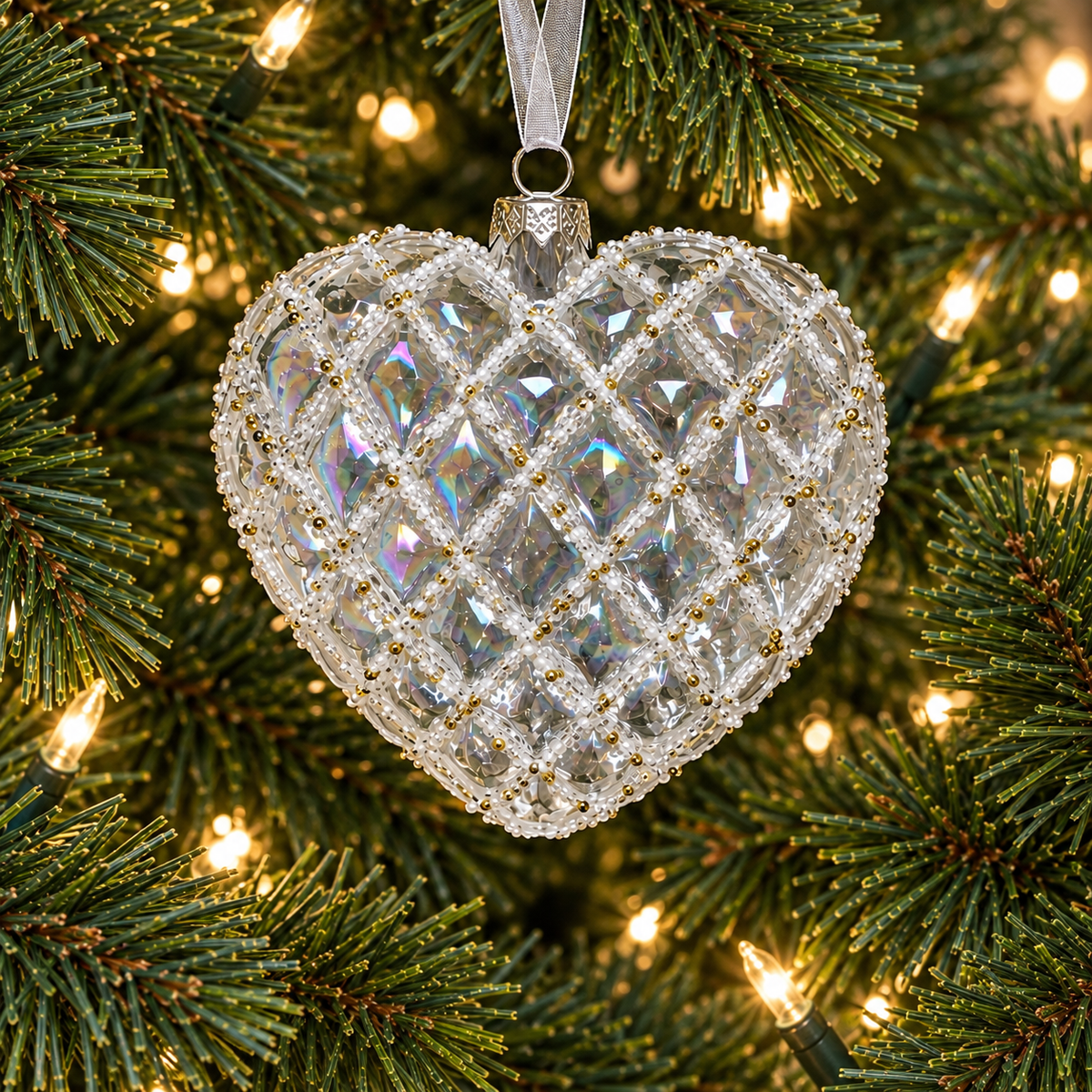 3" Clear Gold Beaded Heart Ornament Set of 4