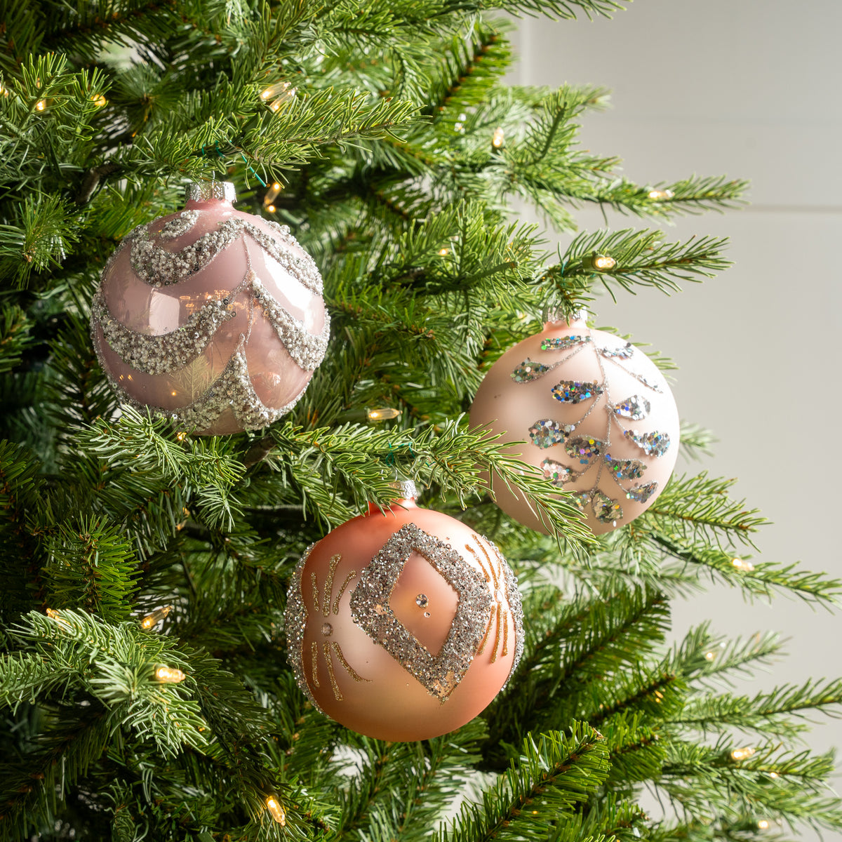 5" Blush Pink Jeweled Ball Ornament Assorted Set Of 9