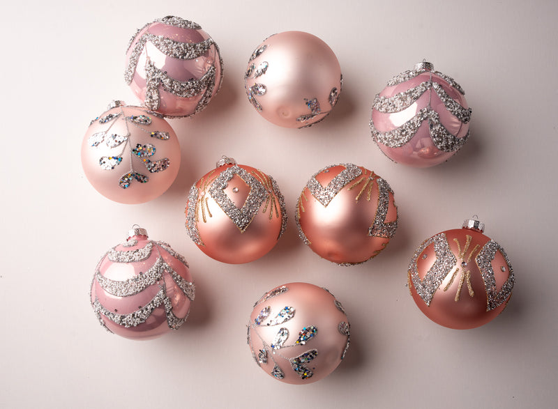 5" Blush Pink Jeweled Ball Ornament Assorted Set Of 9