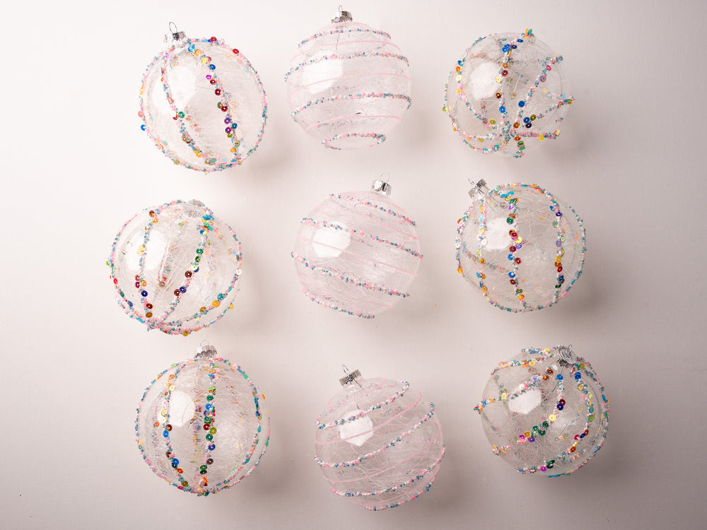 5" Clear Glass Spun Ornament Set Of 9