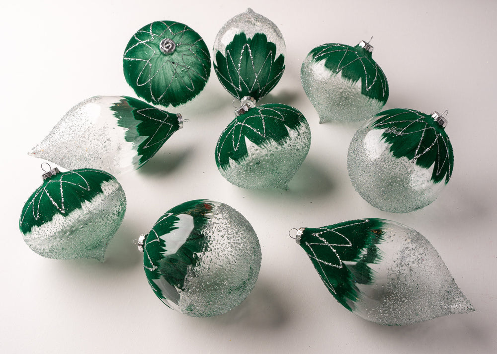 5" Green & Silver Textured Ornament Assorted Set Of 9