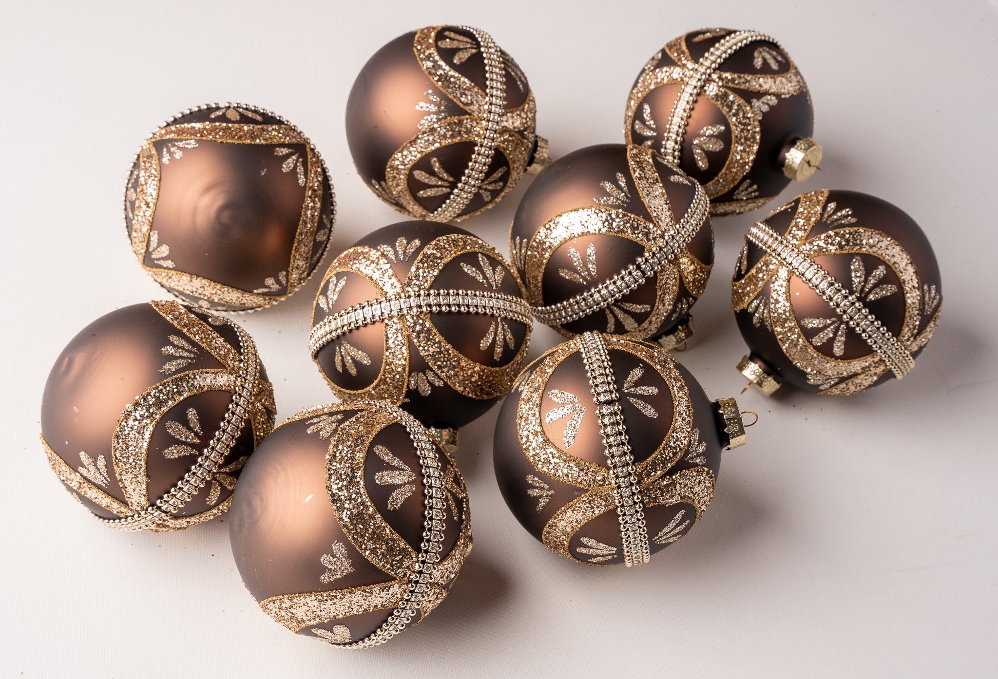5" Brown Jeweled Ball Ornament Set Of 9