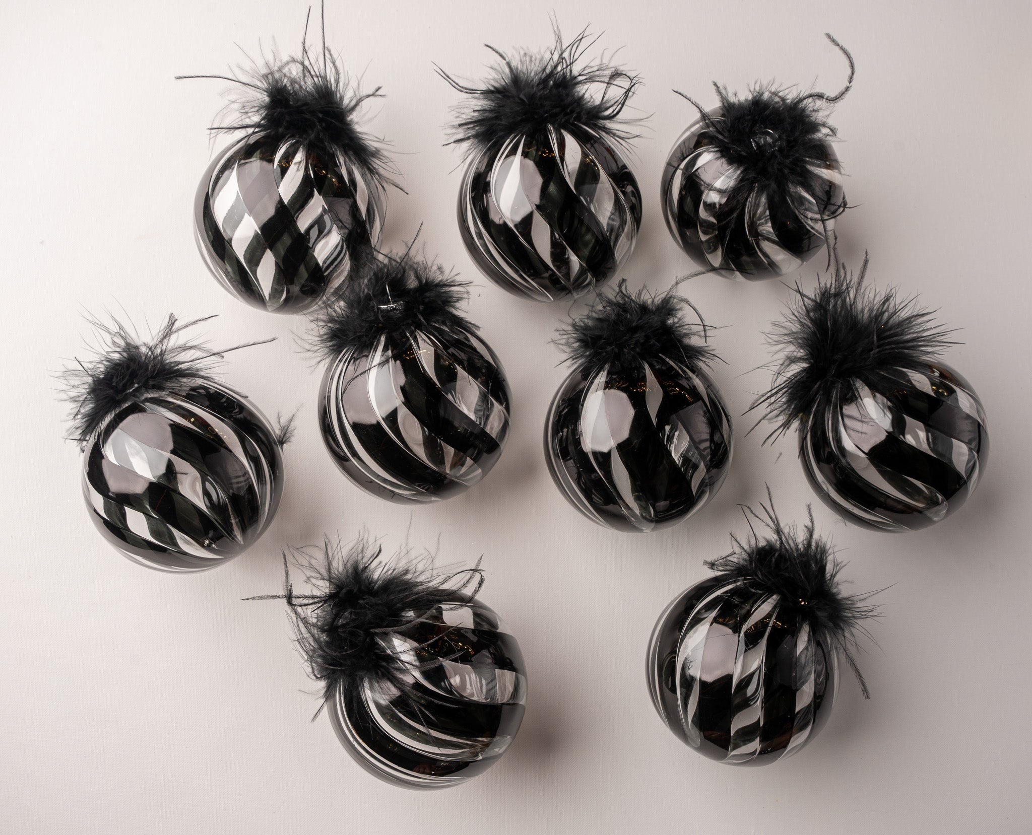 5" Feathered Glass Ball Ornament Set Of 9