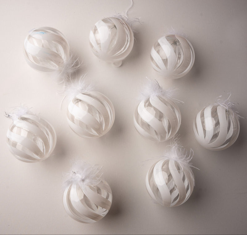 5" Feathered Glass Ball Ornament Set Of 9