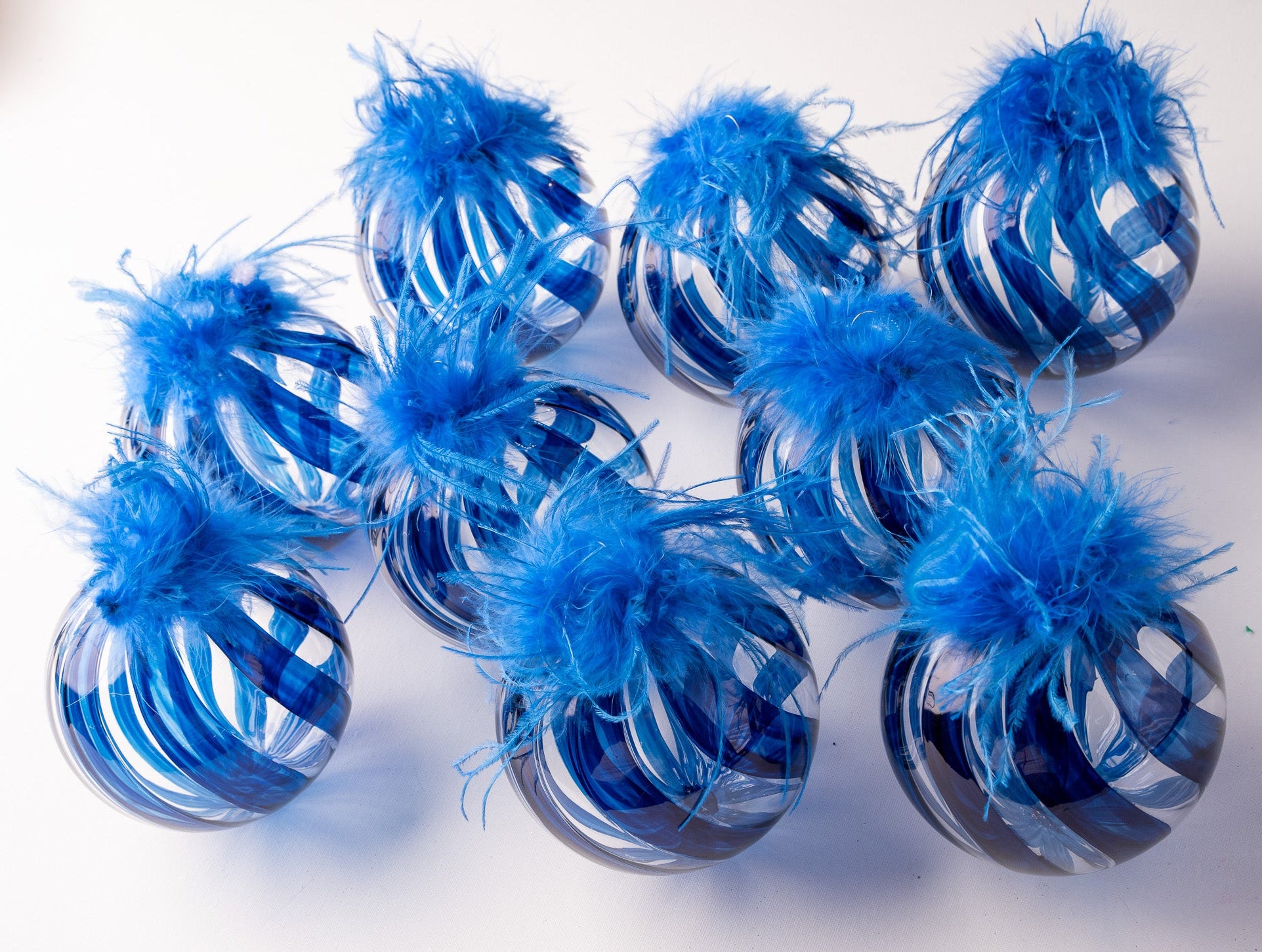 5" Feathered Glass Ball Ornament Set Of 9