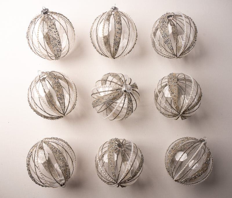 5" Clear Celline Pearled Ball Ornament Set Of 9