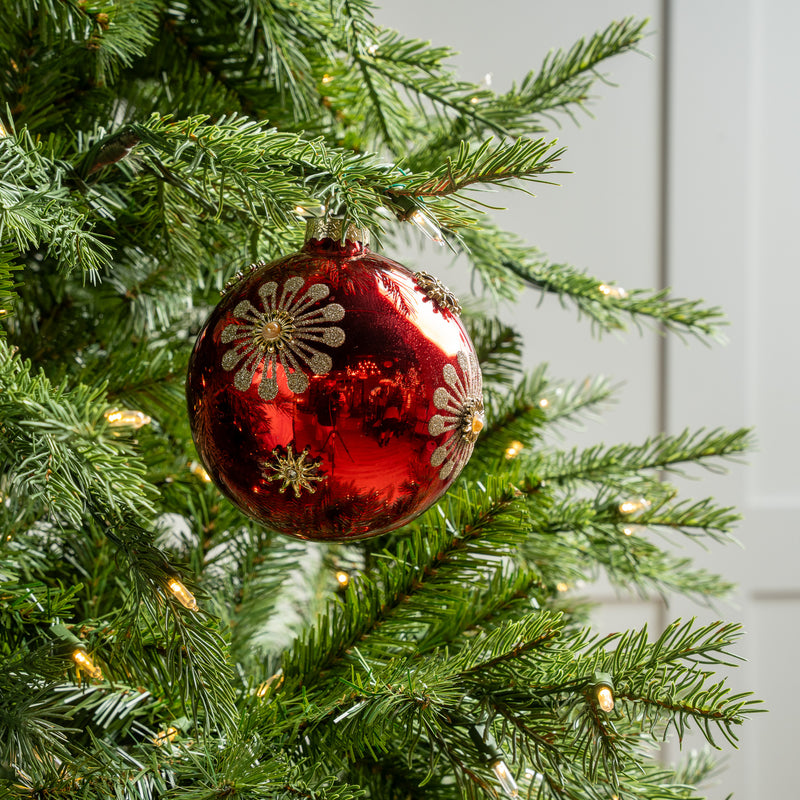 5" Red Jewel & Glitter Snowflake Ball Ornament Set Of 9
