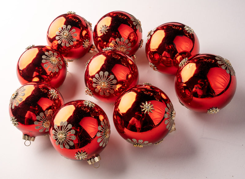 5" Red Jewel & Glitter Snowflake Ball Ornament Set Of 9
