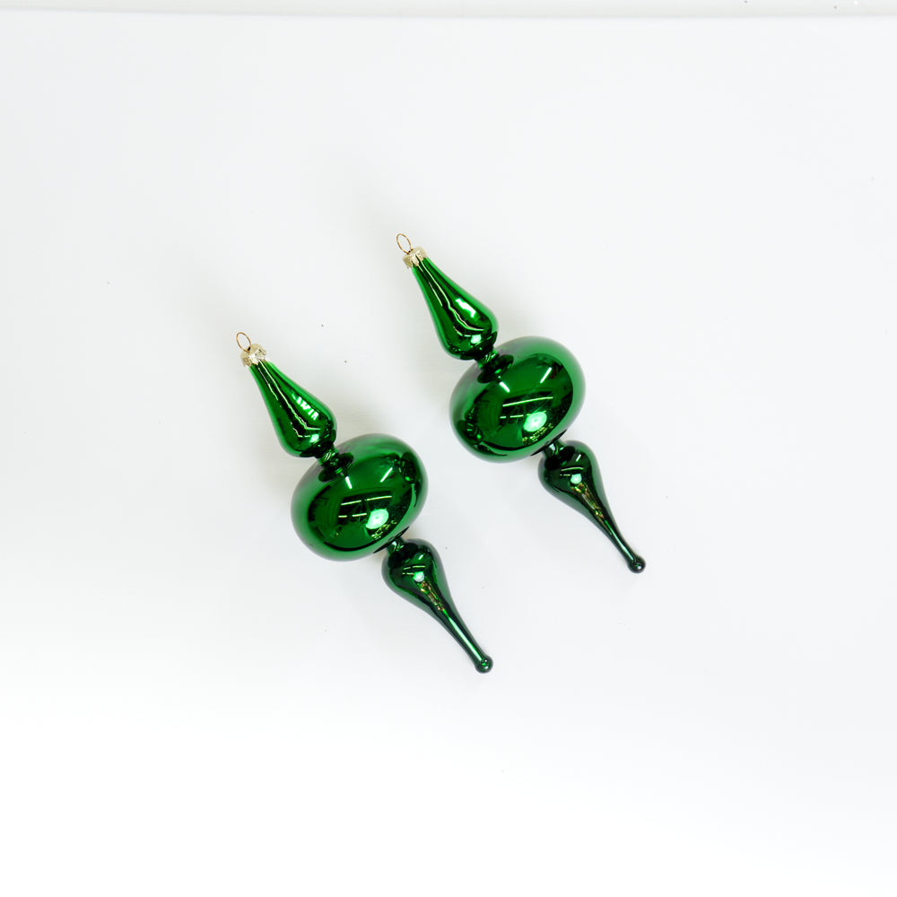 9" Green Glass Finial Ornament Set of 2