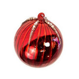 5" Red Glass White Beaded Ball Ornament Set Of 6