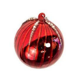 5" Red Glass White Beaded Ball Ornament Set Of 6