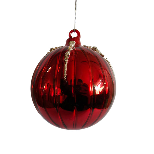 Juego de 6 adornos de bolas de cristal rojo de 5" con cuentas blancas