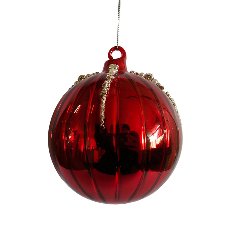 5" Red Glass White Beaded Ball Ornament Set Of 6