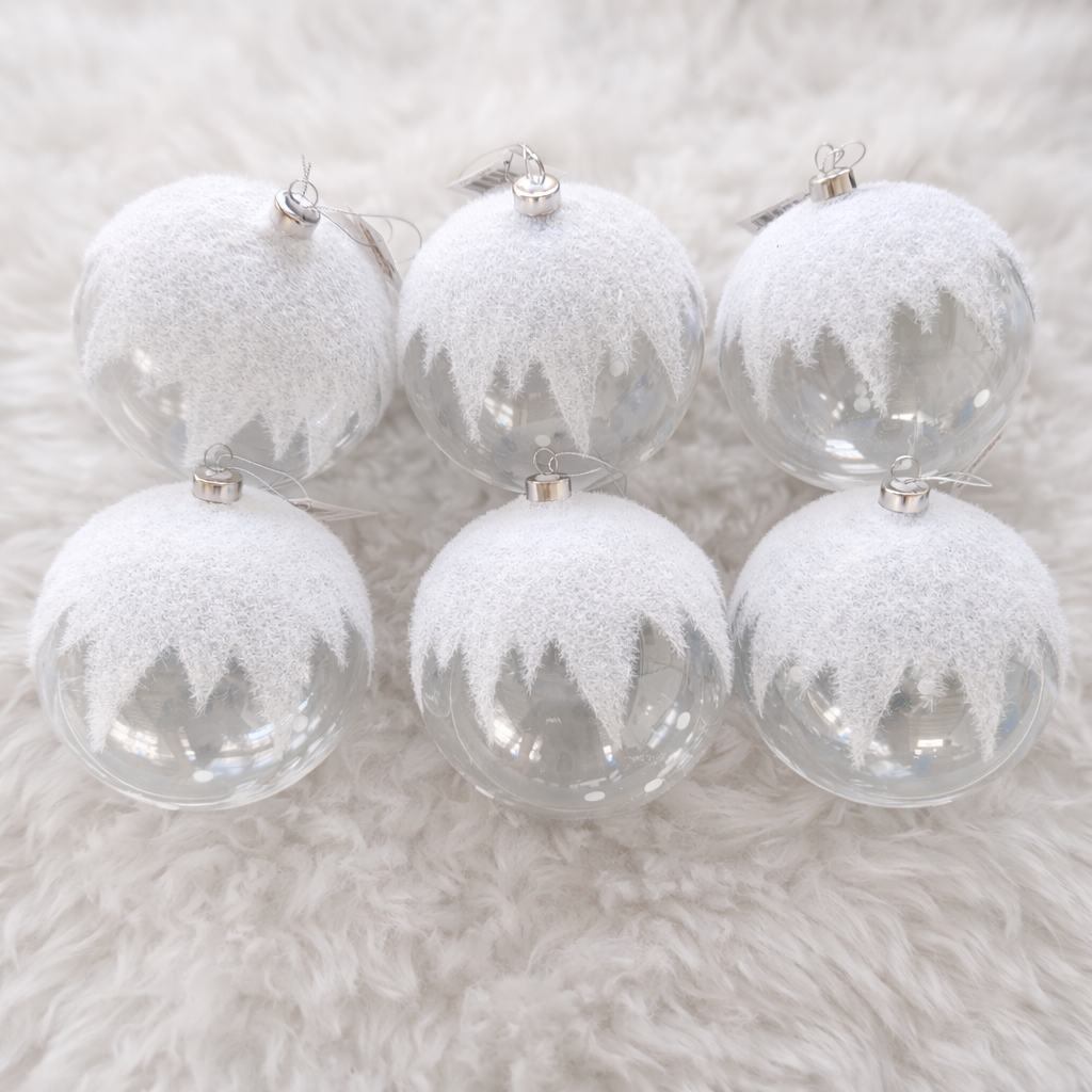 6" Clear Snowy Glass Ball Ornament Set Of 6