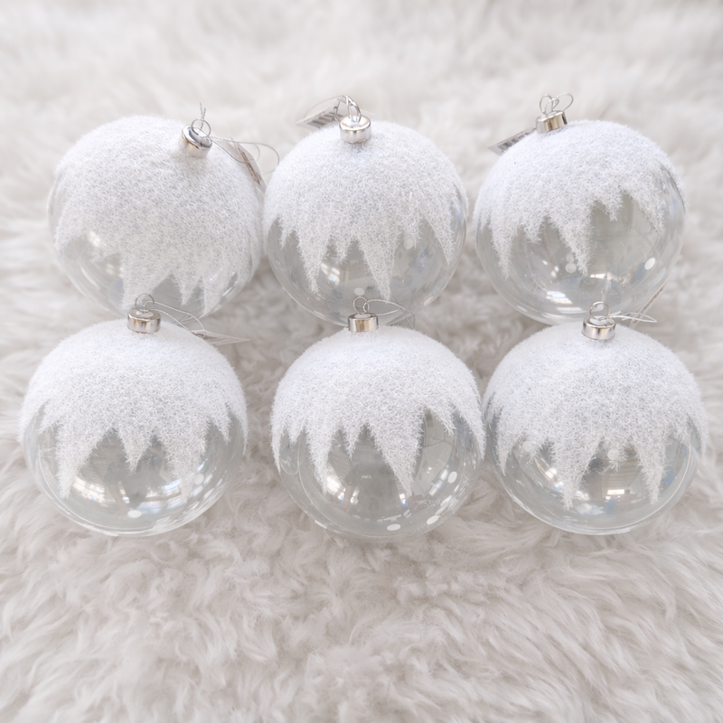 6" Clear Snowy Glass Ball Ornament Set Of 6