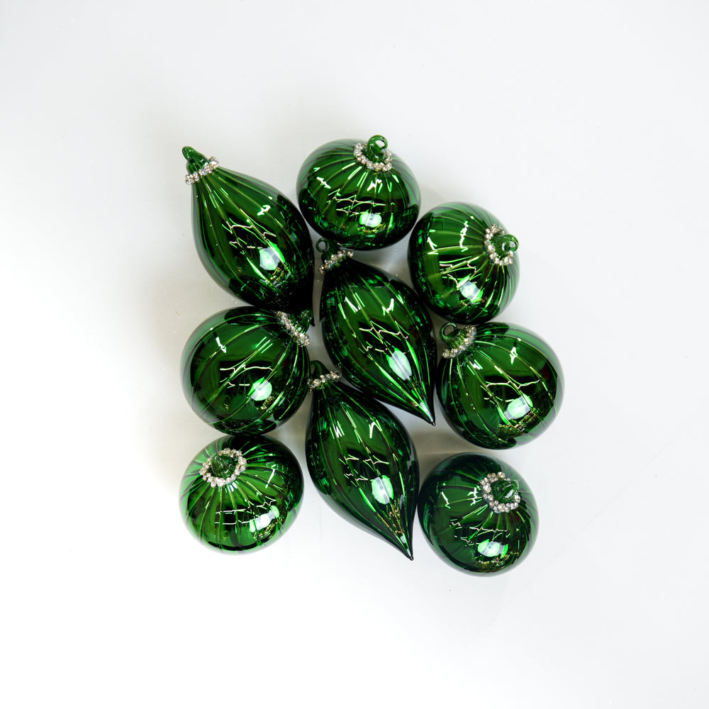5" Green Jeweled Glass Ornament Assorted Set Of 9