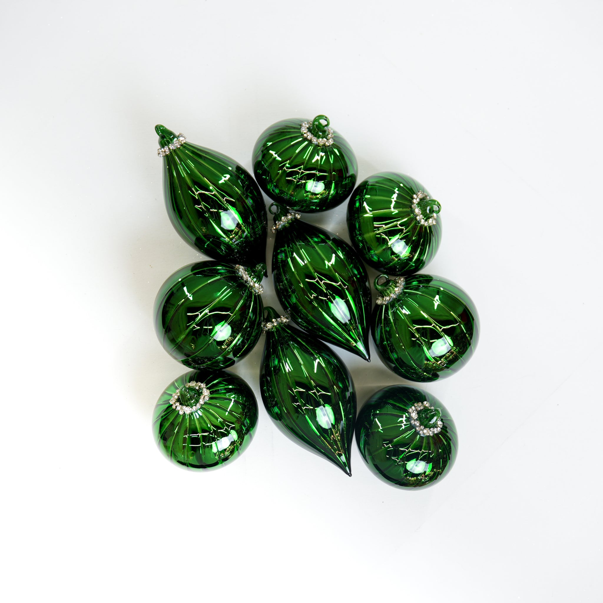 5" Green Jeweled Glass Ornament Assorted Set Of 9
