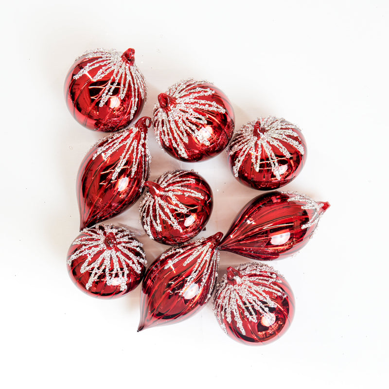 5" Red Beaded Glass Ornament Assorted Set Of 9