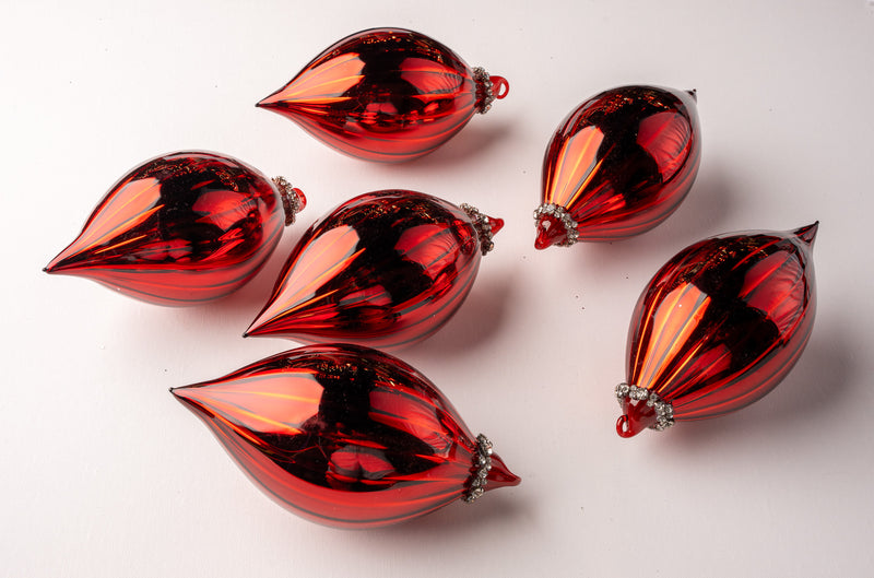 8" Red Beaded Finial Ornament Set Of 6