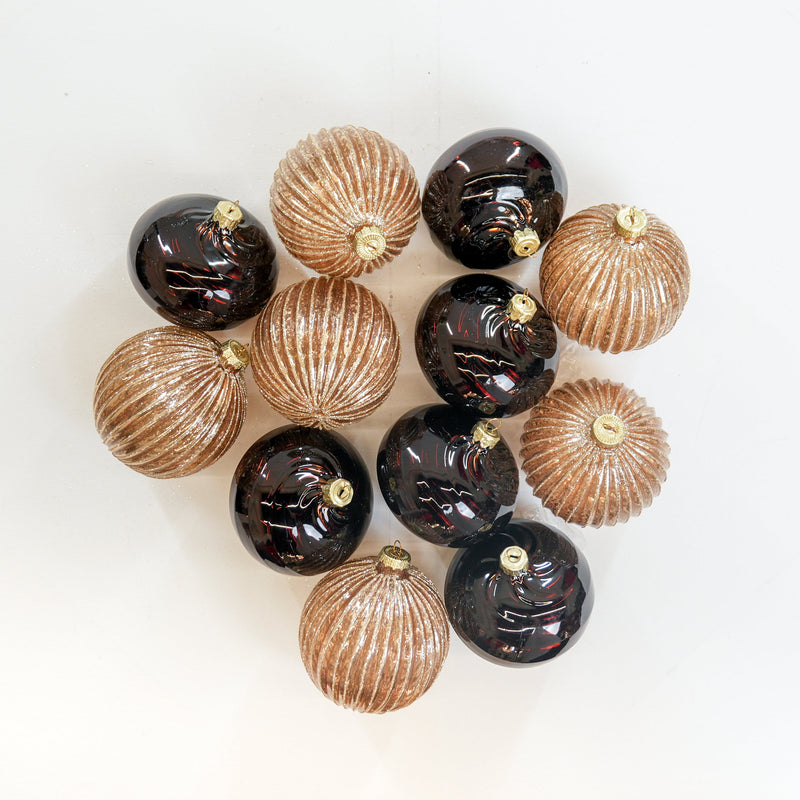 4" Brown & Gold Glass Ornament Assorted Set Of 12
