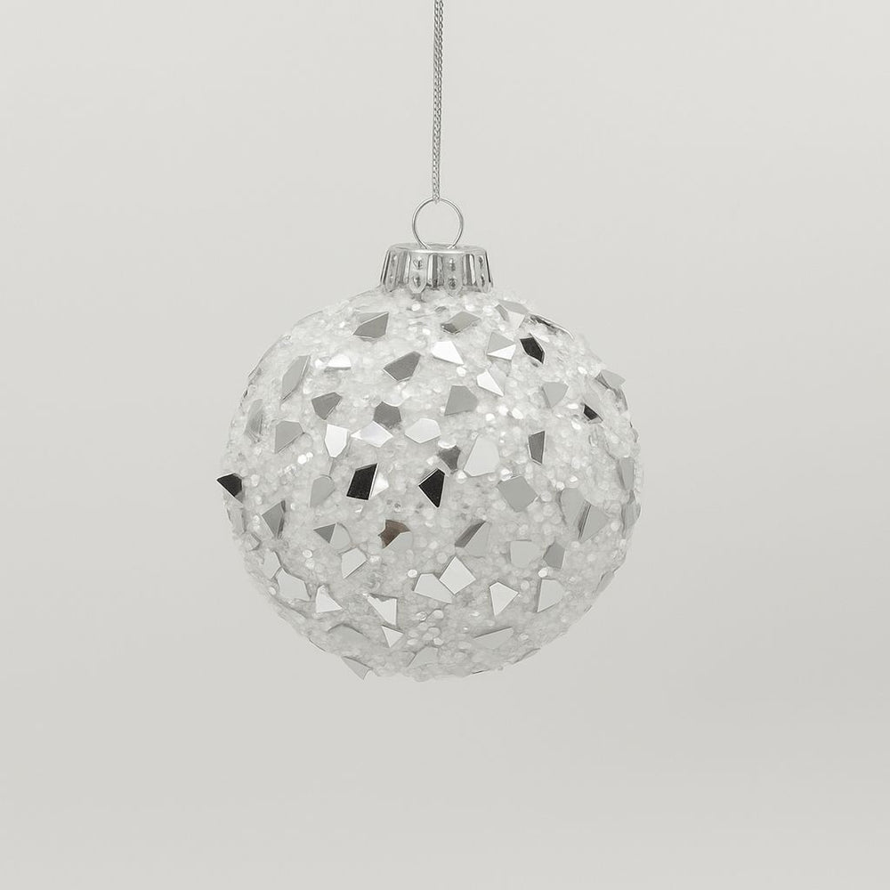 6" Silver Mirror Beaded Ornament Set Of 4