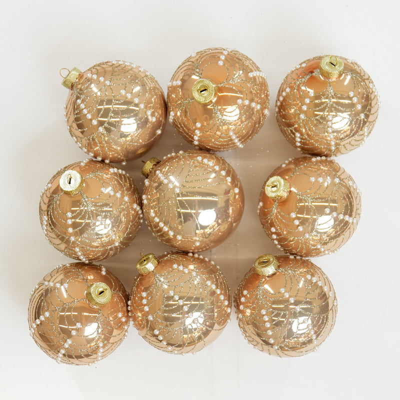 5" Gold Glitter Beaded Glass Ball Ornament Set Of 9