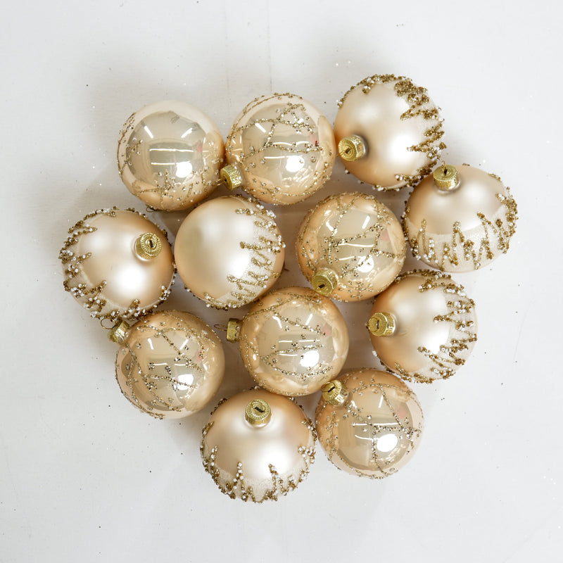3" Gold & Cream Glass Ball Ornament Assorted Set Of 12