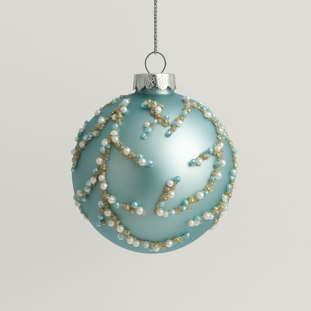 5" Blue Beaded Ornament Set Of 9