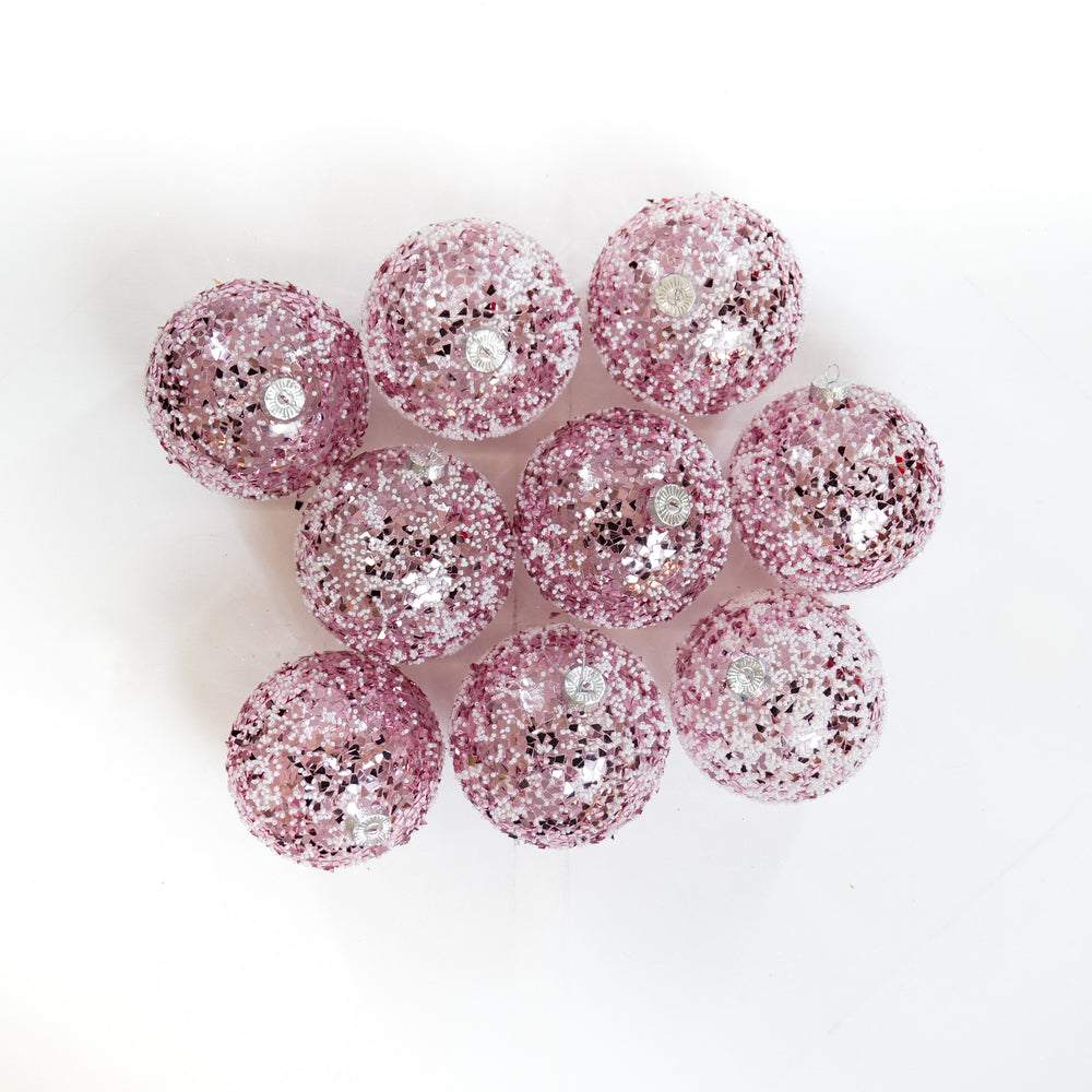5" Pink White Beaded Ornament Set of 9