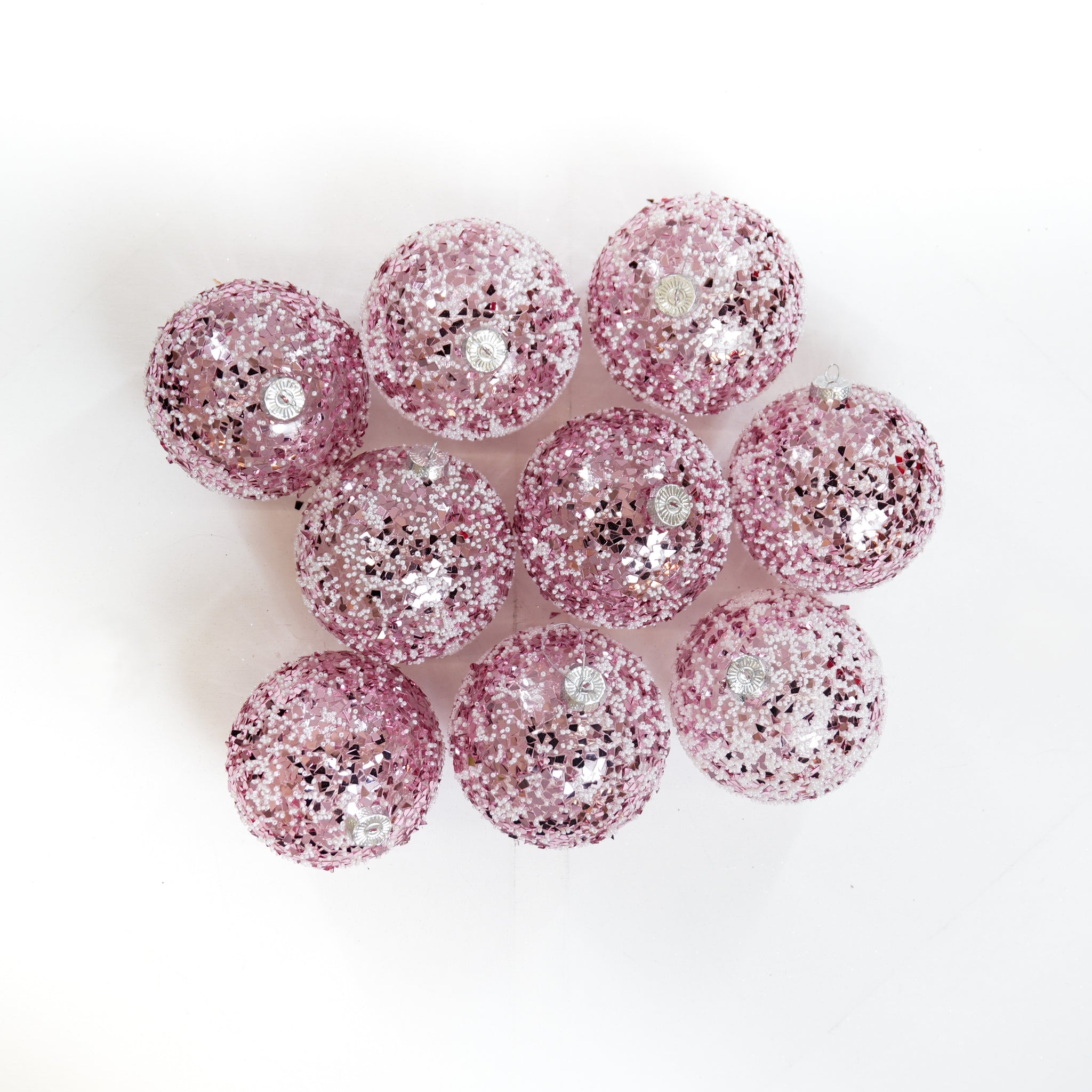 5" Pink White Beaded Ornament Set of 9