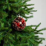 4" Red Gold Beaded Swirl Glass Ball Ornament Set Of 12