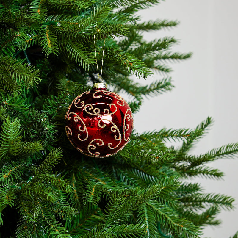 4" Red Gold Beaded Swirl Glass Ball Ornament Set Of 12