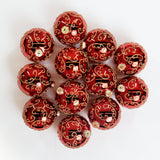 4" Red Gold Beaded Swirl Glass Ball Ornament Set Of 12
