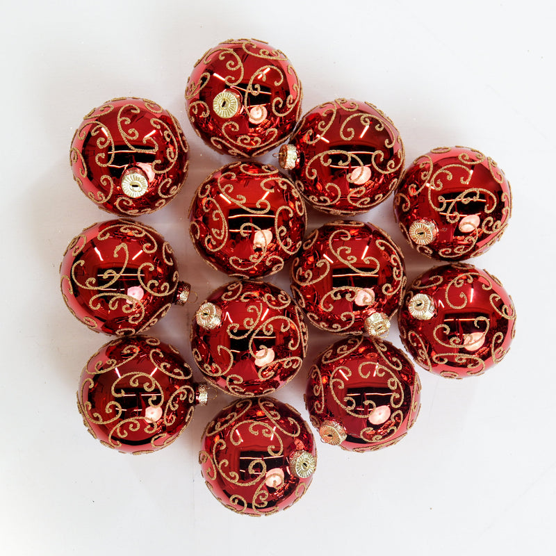 4" Red Gold Beaded Swirl Glass Ball Ornament Set Of 12