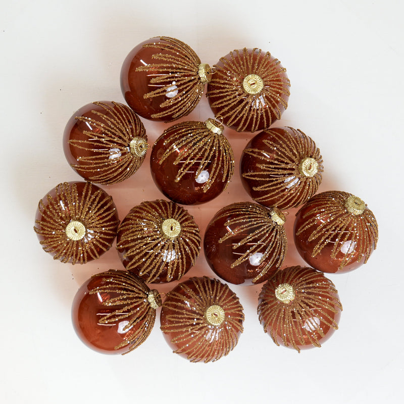 4" Amber Gold Beaded Glass Ball Ornament Set Of 12