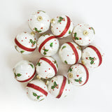4" White Holly Red Beaded Glass Ball Ornament Set Of 12