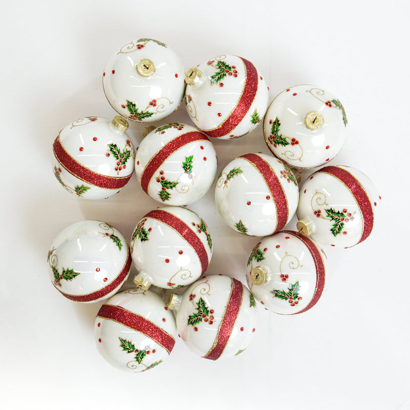 4" White Holly Red Beaded Glass Ball Ornament Set Of 12